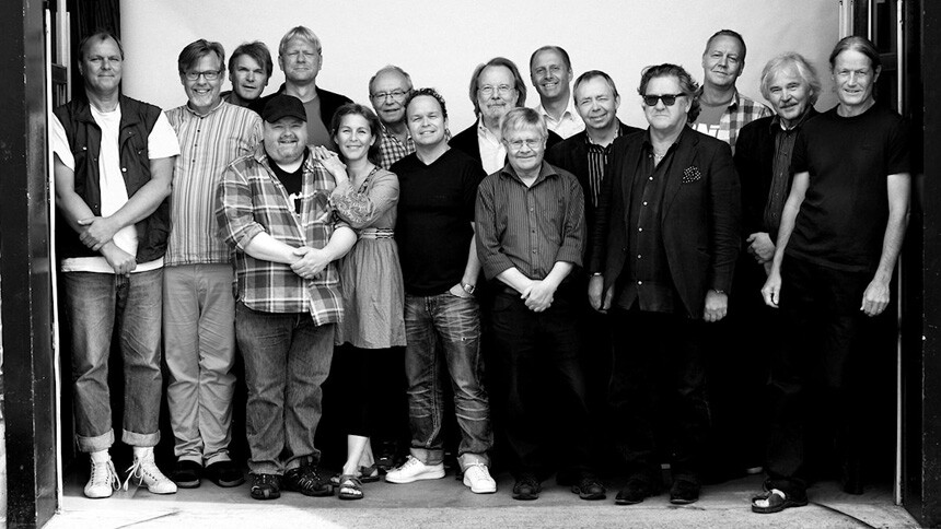 BAO; Benny Andersson's Orchestra. Black and white photo.