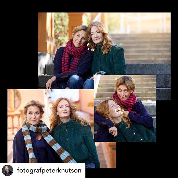Collage av bilder med Helen Sjöholm och Anna Stadling, höstklädda utomhus.