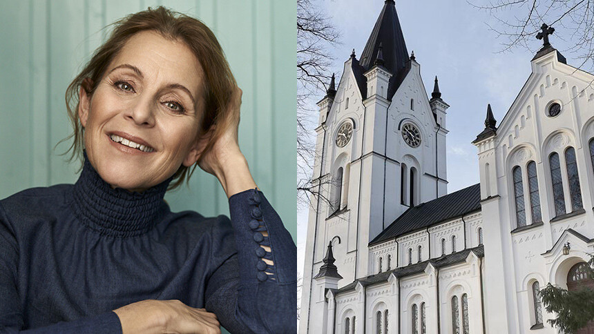 Helen in a blue blouse leans her head in her hand and Nora church. Collage.