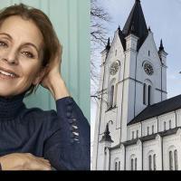 Helen in a blue blouse leans her head in her hand and Nora church. Collage.