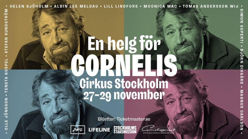 A promotional image for "A Weekend for Cornelis" with a collage consisting of four identical images of Cornelis in different color tones.