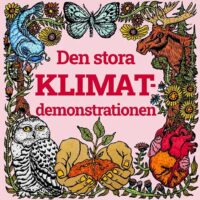Event image for "The Big Climate Demonstration" with red text against a pink backdrop, surrounded by a wreath of flowers.