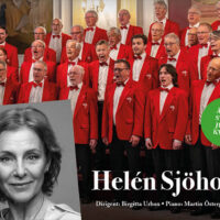Sundsvall YMCA choir in red clothes before the 60th anniversary celebration. And a small photo of Helen Sjöholm in black and white.