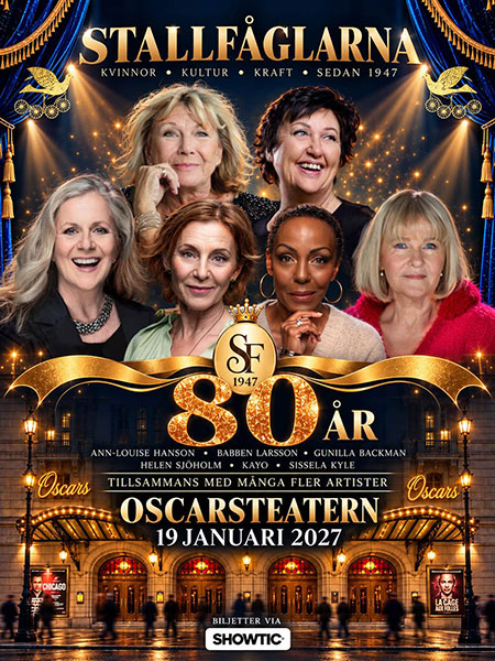 Promotional image featuring the participating women ahead of Sällskapet Stallfåglarna’s 80th anniversary. In the background, a golden-hued evening view of the Oscar Theatre.