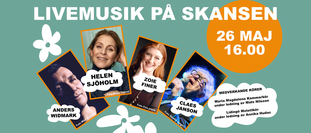 Promotionbild med de medverkande i Anders Widmark med gäster i Livemusik på Skansen 2024.