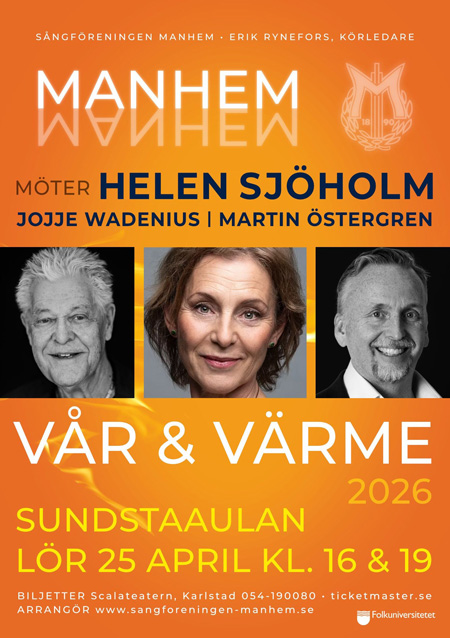 Promotionbild för Vår & värme 2026. Porträttbilder på Jojje, Helen och Martin mot orange bakgrund med infotext.