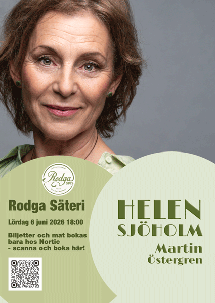 Promotionbild för Helen Sjöholms och Martin Östergrens spelning på Rodga Säteri den 6 juni 2026. Helens ansikte mot grå bakgrund visas högst upp på den stående bilden. Därunder två gröna cirklar i olika nyanser med info om konserten.