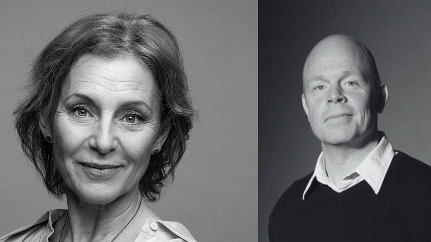 Promotionbild för Proms 2026. Collage. Porträttbilder i svartvitt på Helen Sjöholm och Jacka Sjödin.